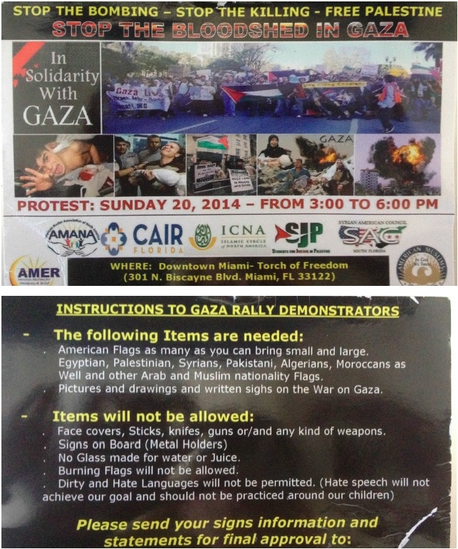 Photo of protest information card obtained at the Miami protest on July 20, 2014. Note, 